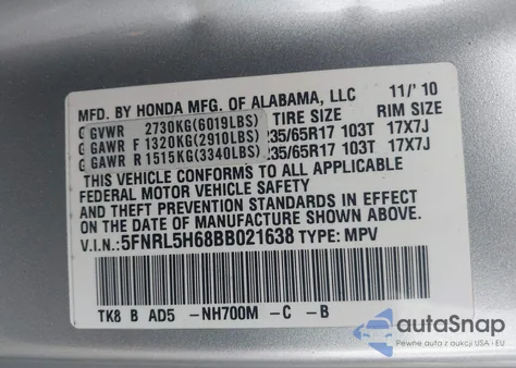 2011 Honda Odyssey Ex-L from USA, damaged, VIN 5FNRL5H68BB021638